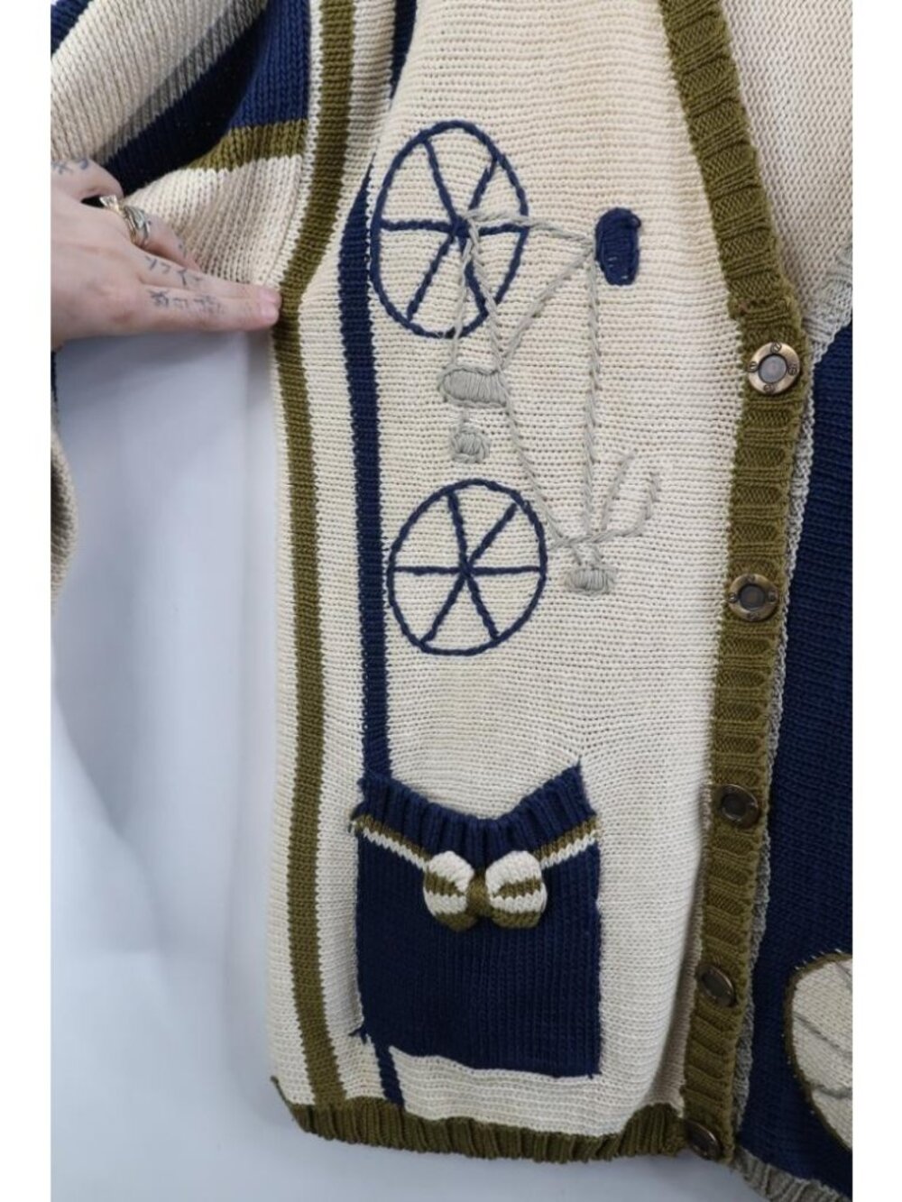 Vintage 80s Womens Medium Bicycle Cycling All Over Print Knit Cardigan Sweater - Picture 5 of 16